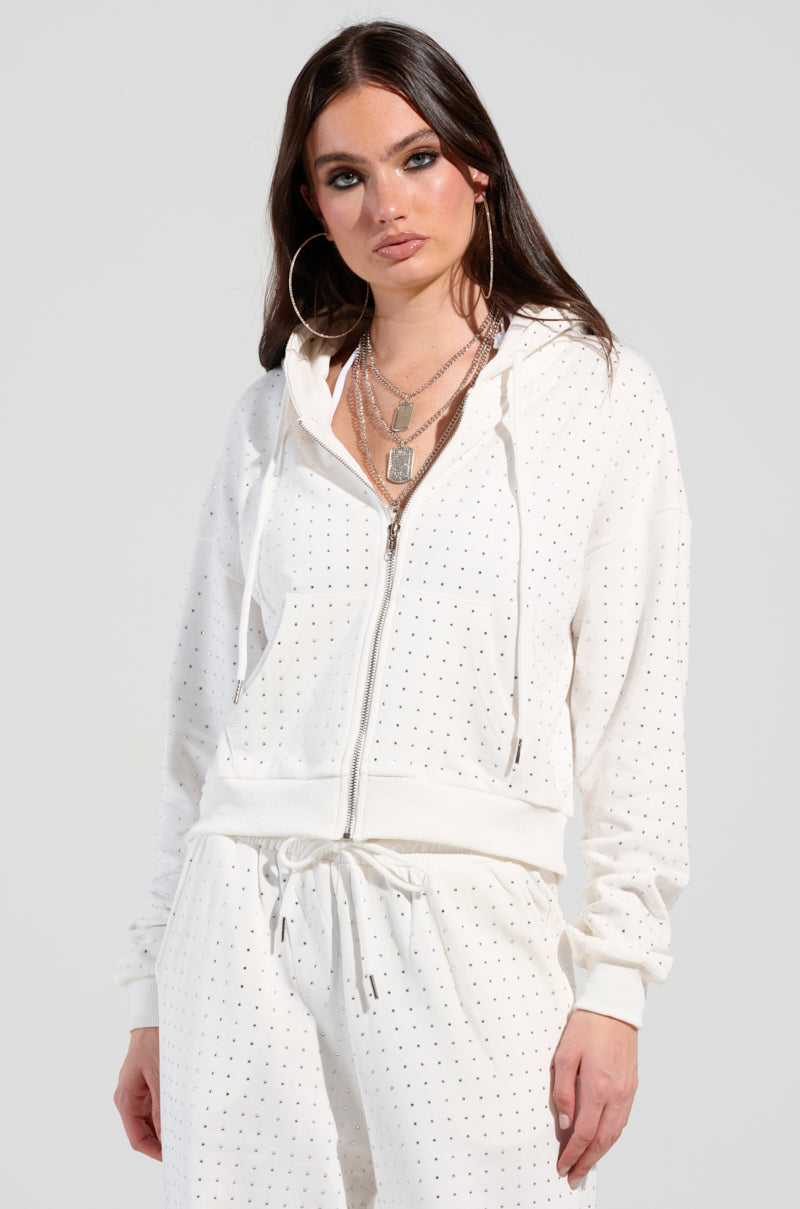 BUBBLES RHINESTONE EMBELLISHED ZIP UP SWEATSHIRT IN WHITE