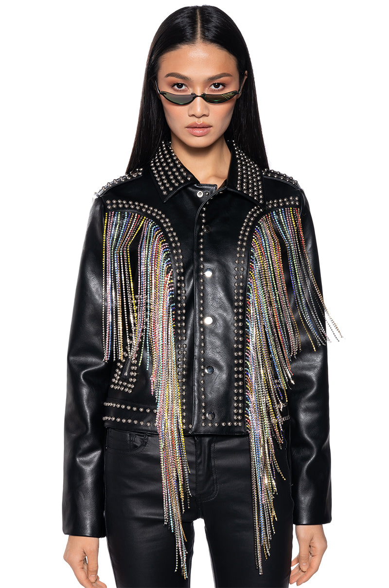 TAKE A CHANCE ON ME RHINESTONE FRINGE MOTO