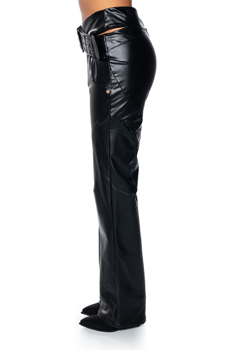 INVEST IN ME FAUX LEATHER FLARE LEG BELTED PANT