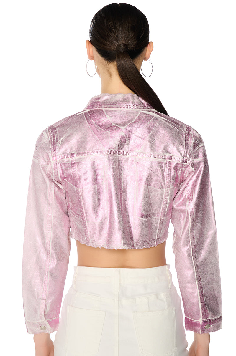 AUBREY BRUSHED METALLIC CROPPED DENIM JACKET IN PINK