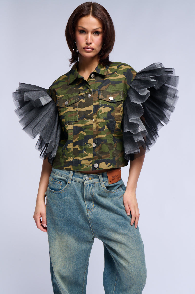 BEBE LUX TULLE SHOULDER CAMO VEST