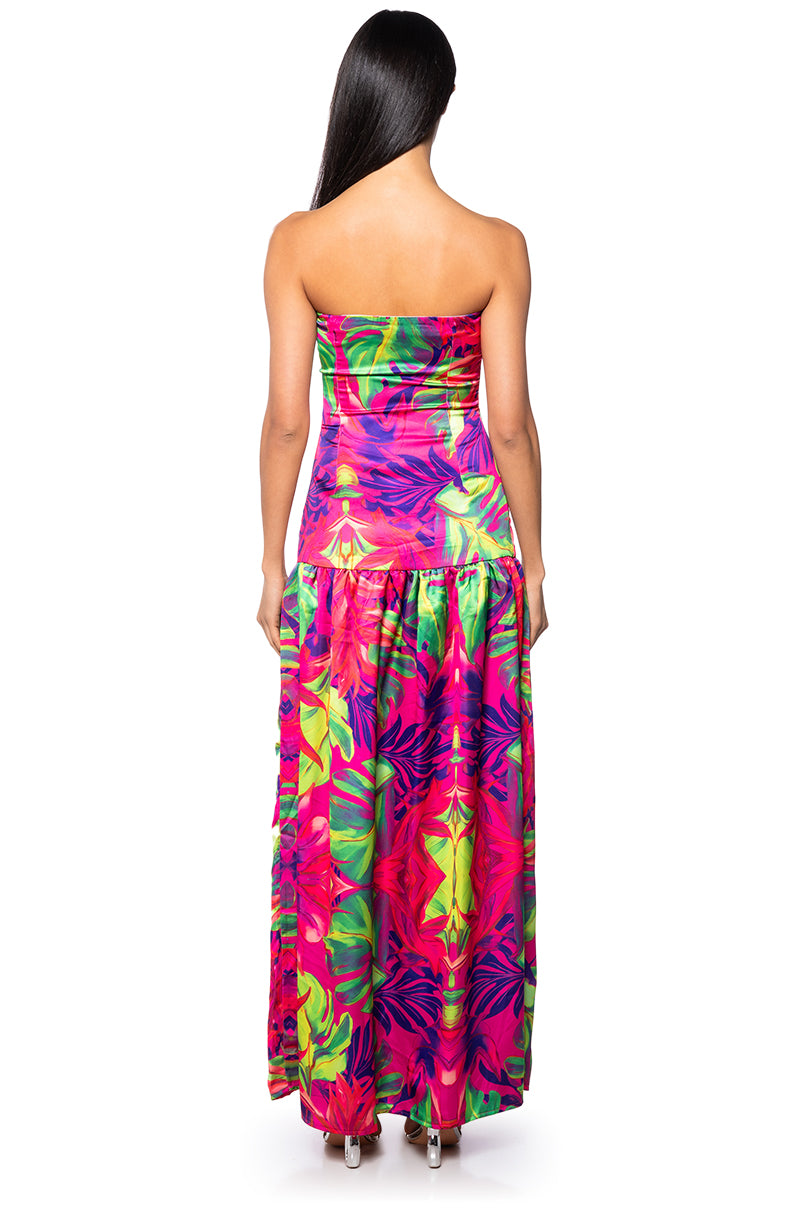 TROPICAL GETAWAY SATIN PRINTED MAXI DRESS