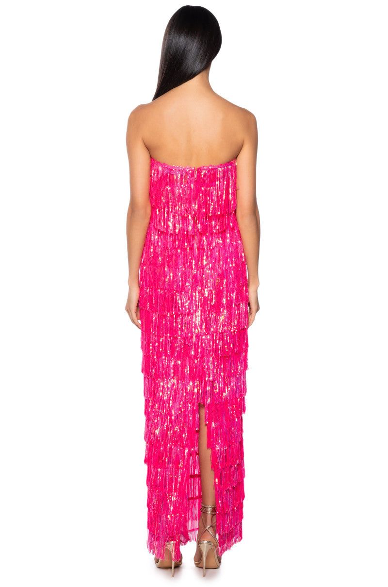 TOP OF THE WORLD STRAPLESS SEQUIN FRINGE MAXI DRESS IN FUCHSIA