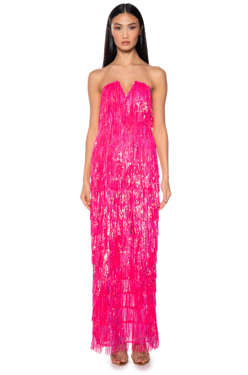 TOP OF THE WORLD STRAPLESS SEQUIN FRINGE MAXI DRESS IN FUCHSIA