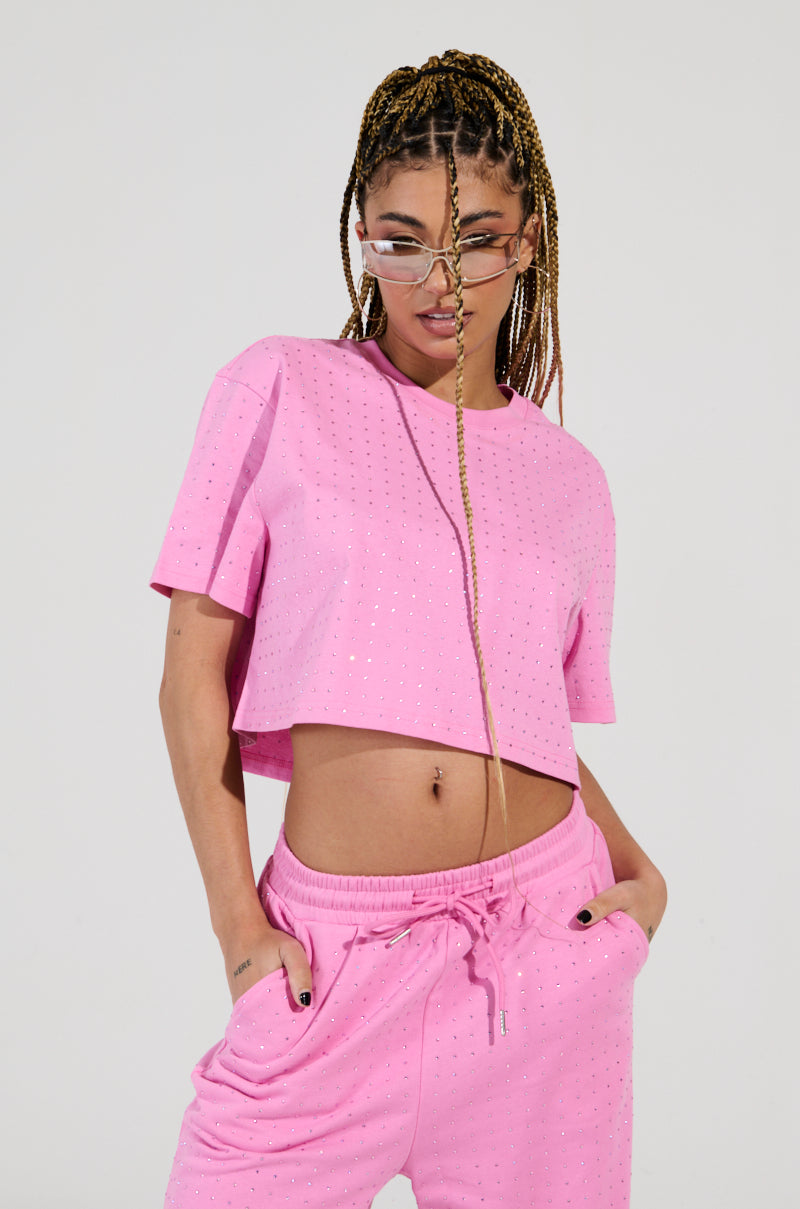 BLOSSOM RHINESTONE EMBELLISHED CROPPED T-SHIRT IN PINK