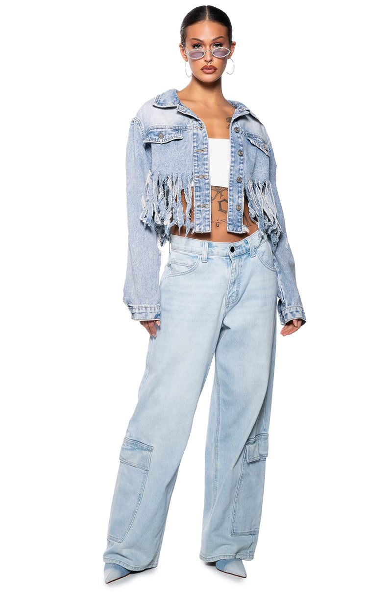 SHREDDED FRINGE CROPPED DENIM JACKET