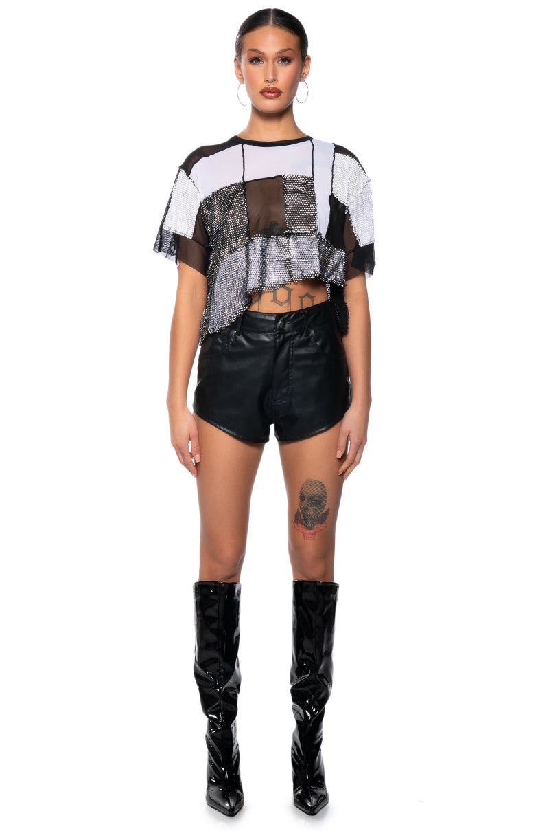 WHAT YOU WORKING WITH CROPPED RHINESTONE MESH TEE