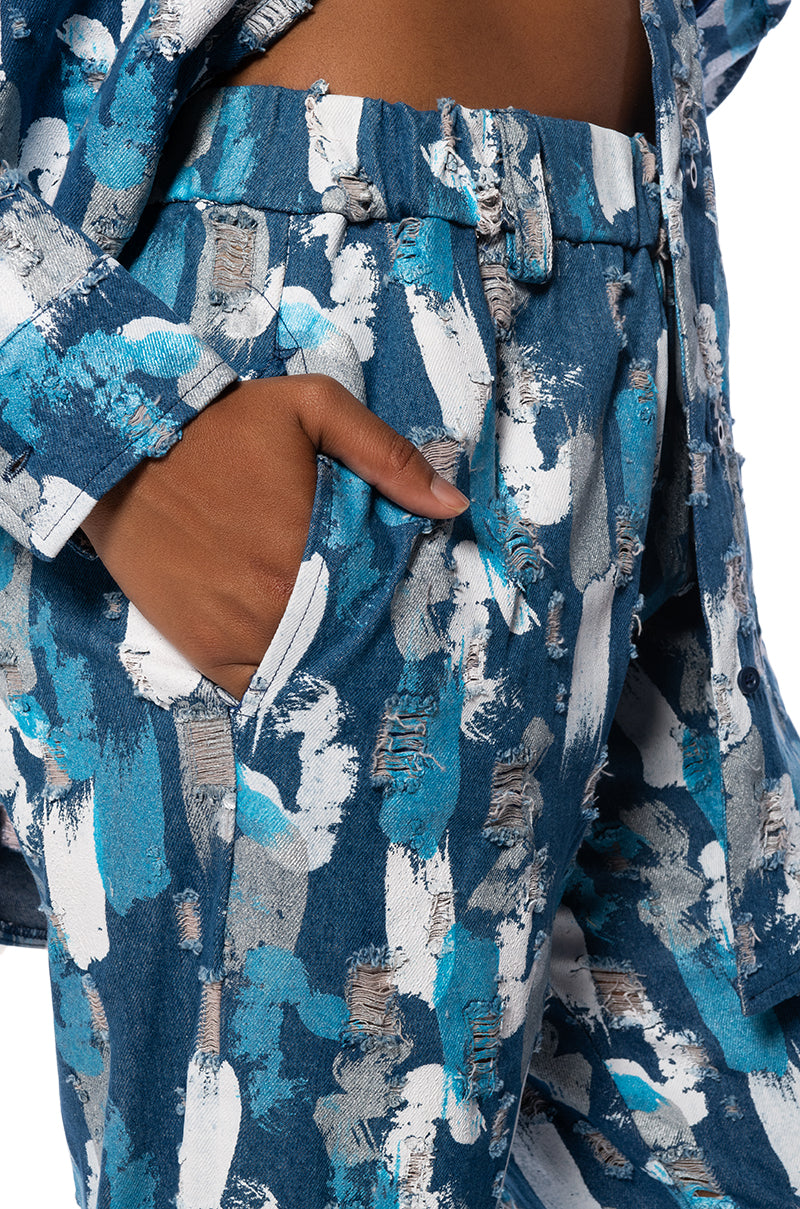 PAINTED BLUE HIGH WAIST WIDE LEG PANT