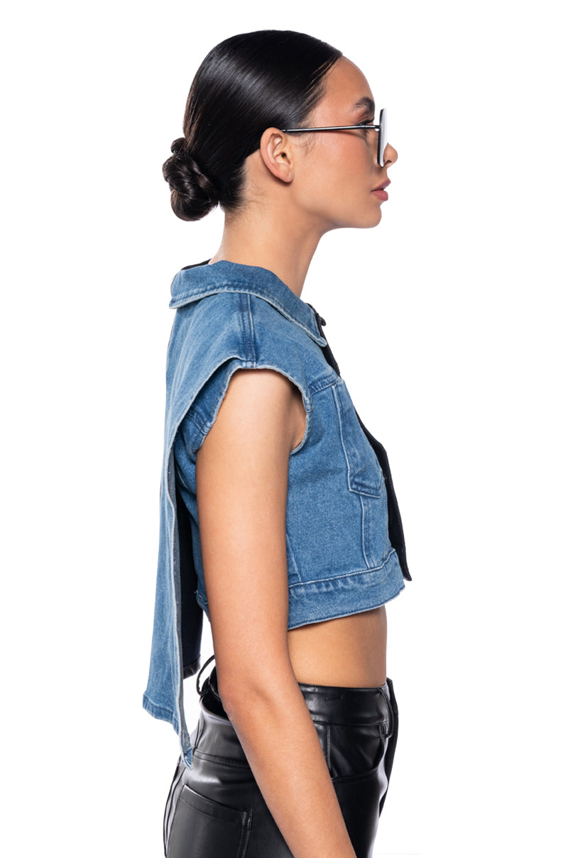 LOW RIDER HALF PU CROP DENIM VEST WITH CAPE