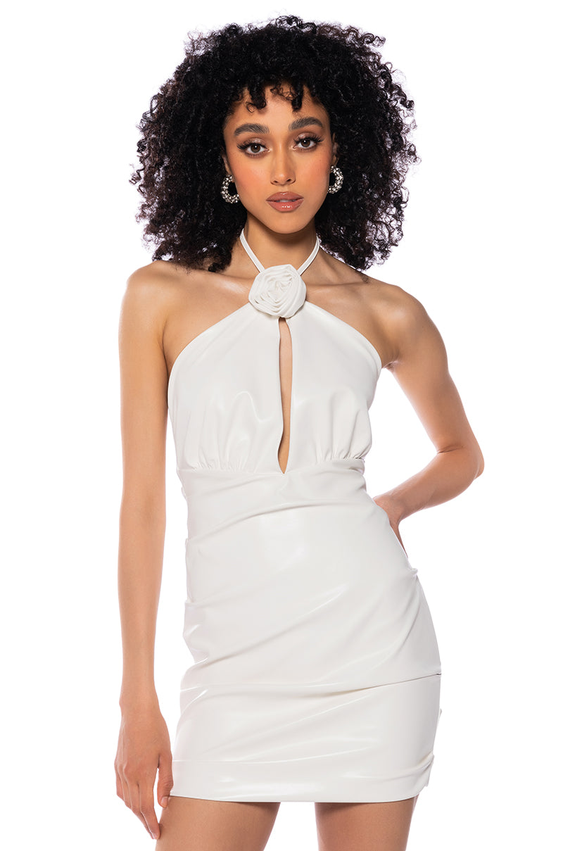 PEEKABOO RUCHED HALTER MINI DRESS IN WHITE