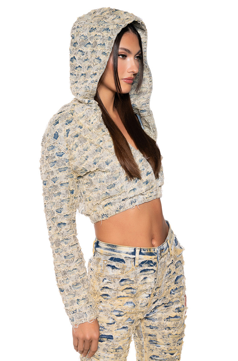 SECRET WEAPON DISTRESSED DENIM HOODED TOP