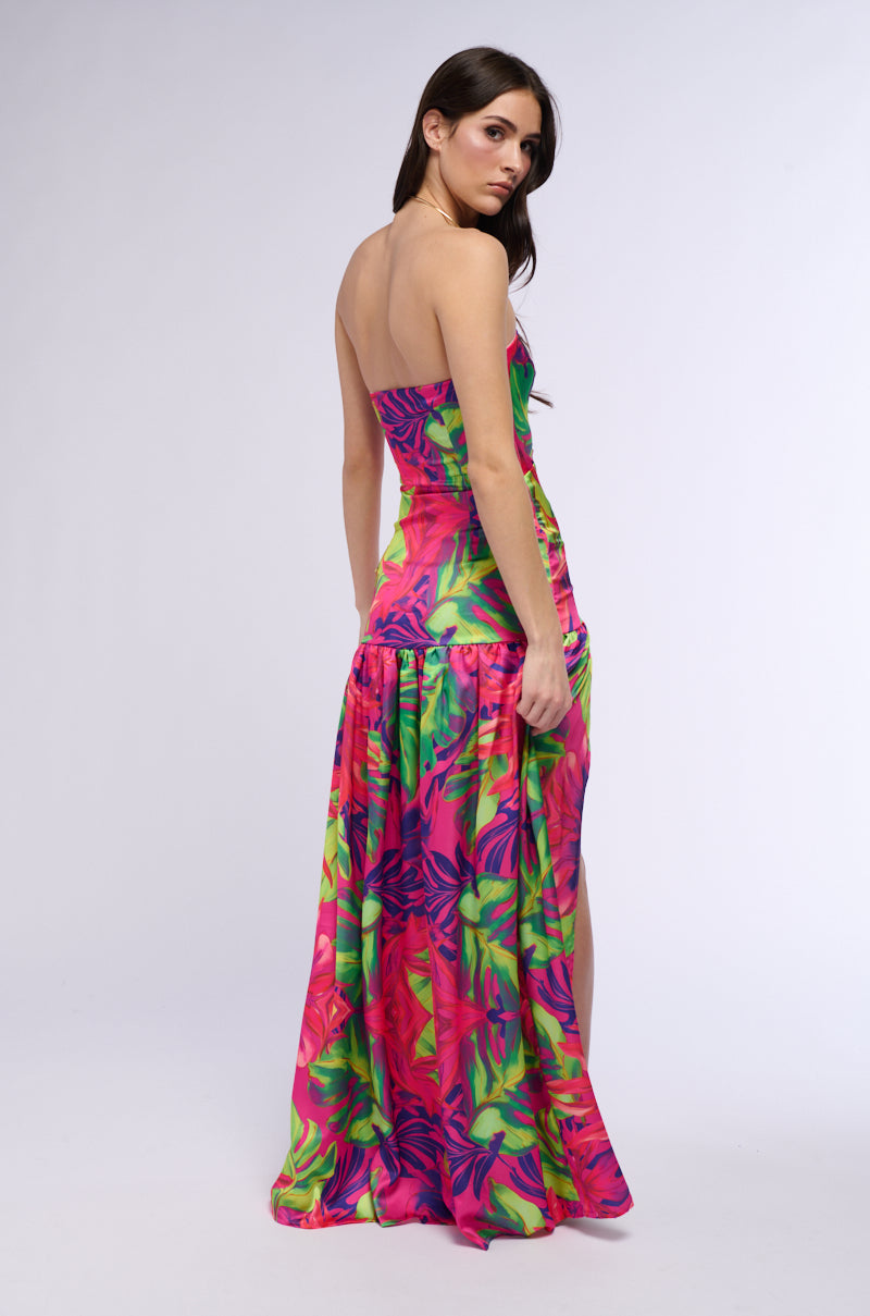 TROPICAL GETAWAY SATIN PRINTED MAXI DRESS