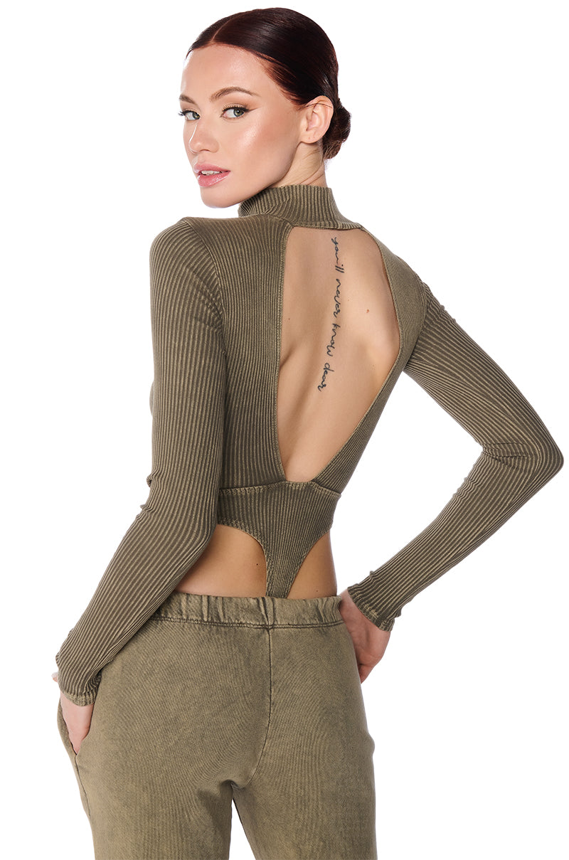 JOJO MINERAL WASH OPEN BACK BODYSUIT IN LIGHT BROWN