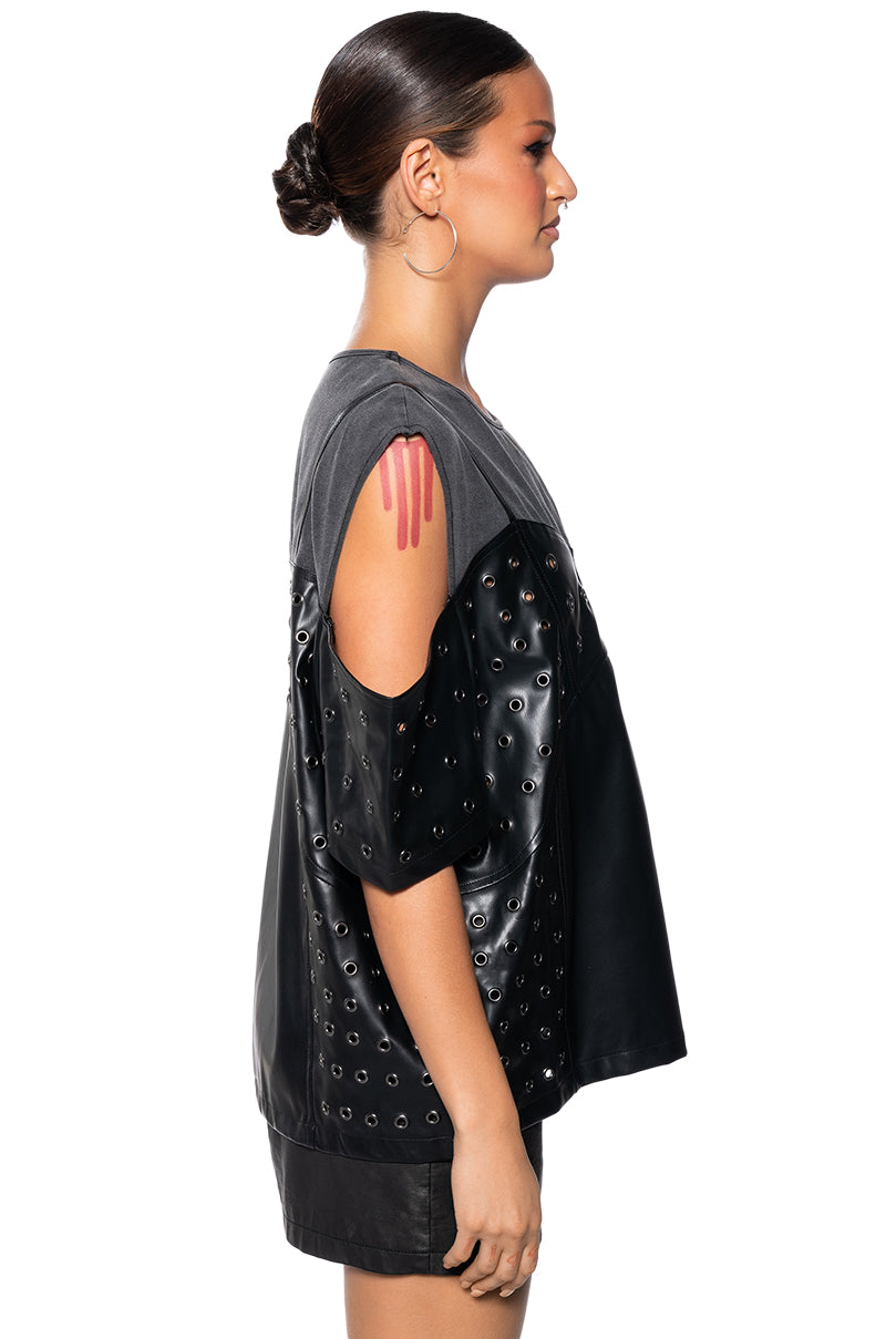 NOAH FAUX LEATHER COLD SHOULDER OVERSIZED T SHIRT