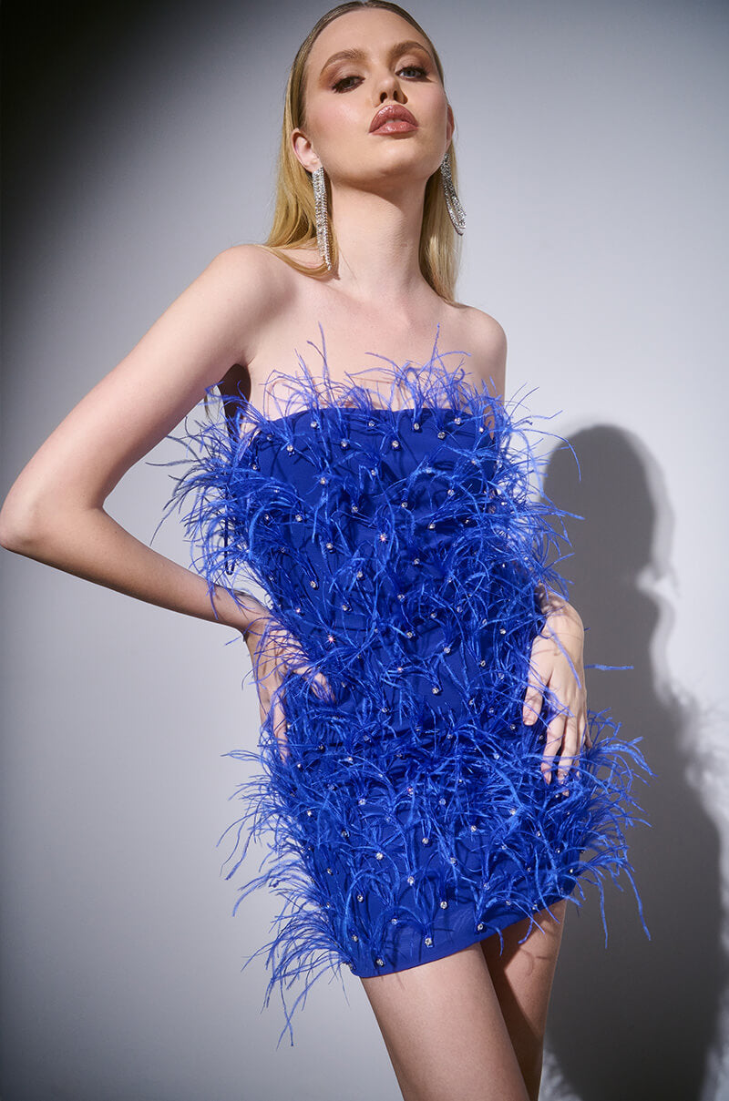 PRIMROSE STRAPLESS EMBELLISHED FEATHER MINI DRESS IN BLUE