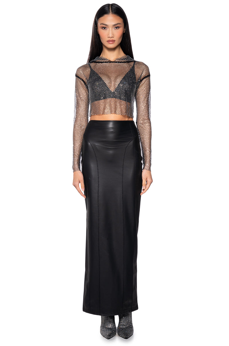 NORTH STAR RHINESTONE MESH HOODED LONG SLEEVE CROP TOP IN BLACK