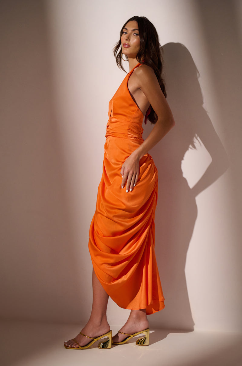 LOOK TWICE RUCHED MIDI DRESS IN ORANGE