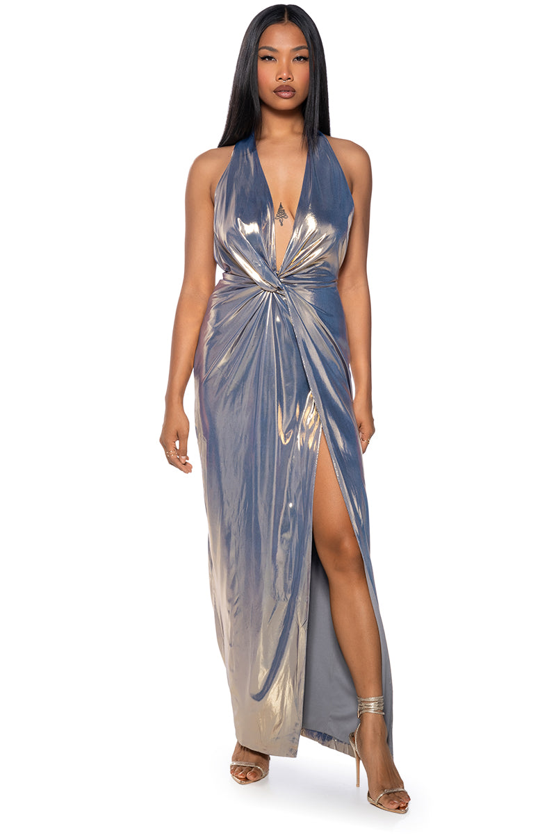 LIKE A GODDESS METALLIC MAXI DRESS