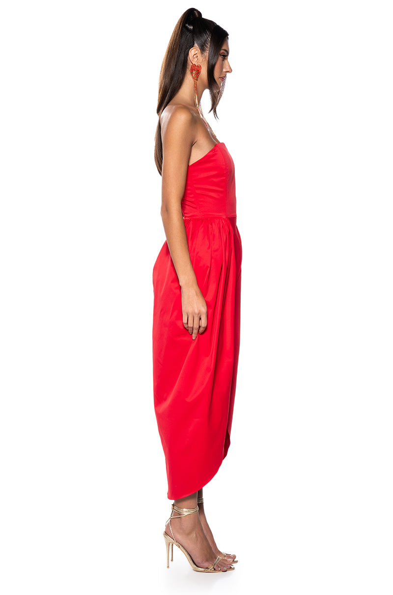 TULIP SKIRT SPAGHETTI STRAP MIDI DRESS IN RED