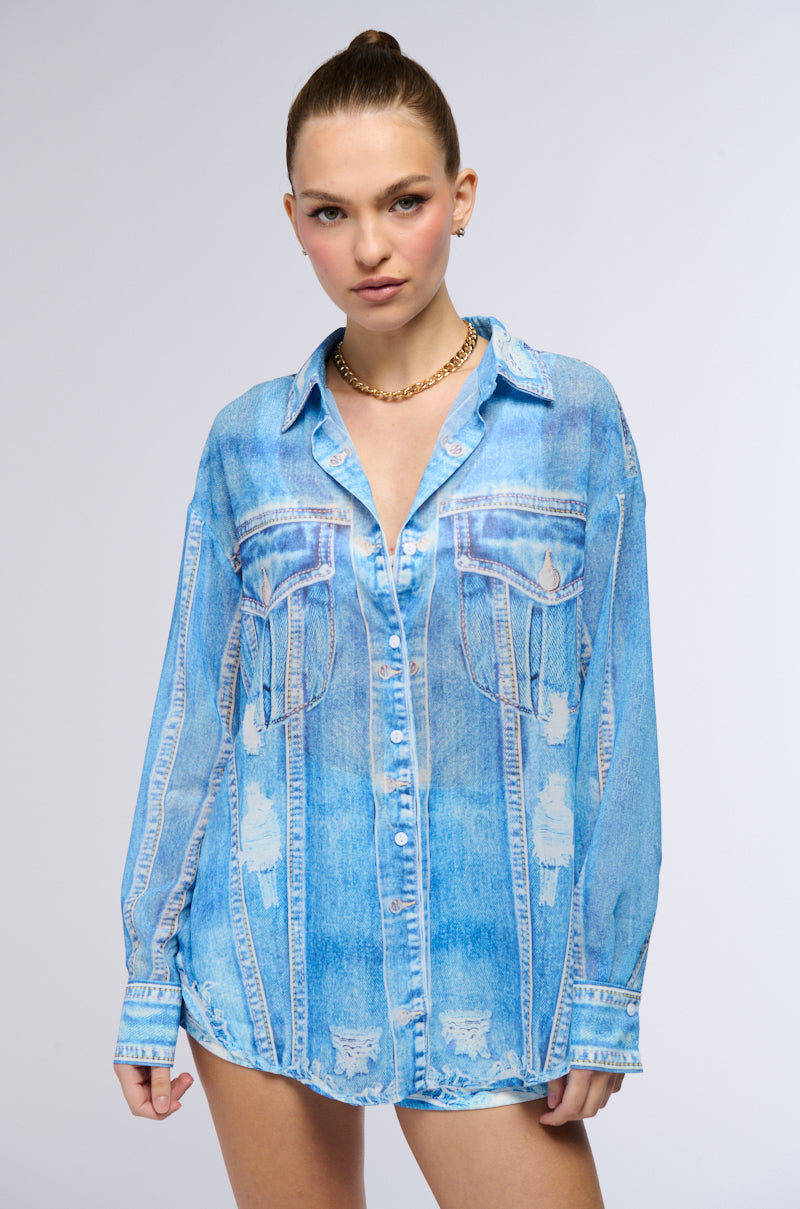 PRINTED DENIM LONG SLEEVE BUTTON DOWN SHIRT