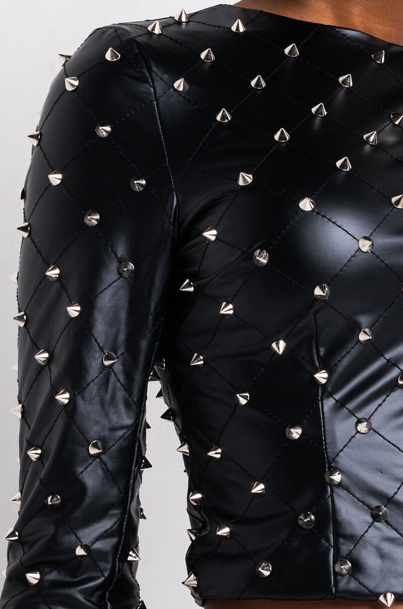 HBIC QUILTED FAUX LEATHER SPIKE DETAIL LONG SLEEVE TOP