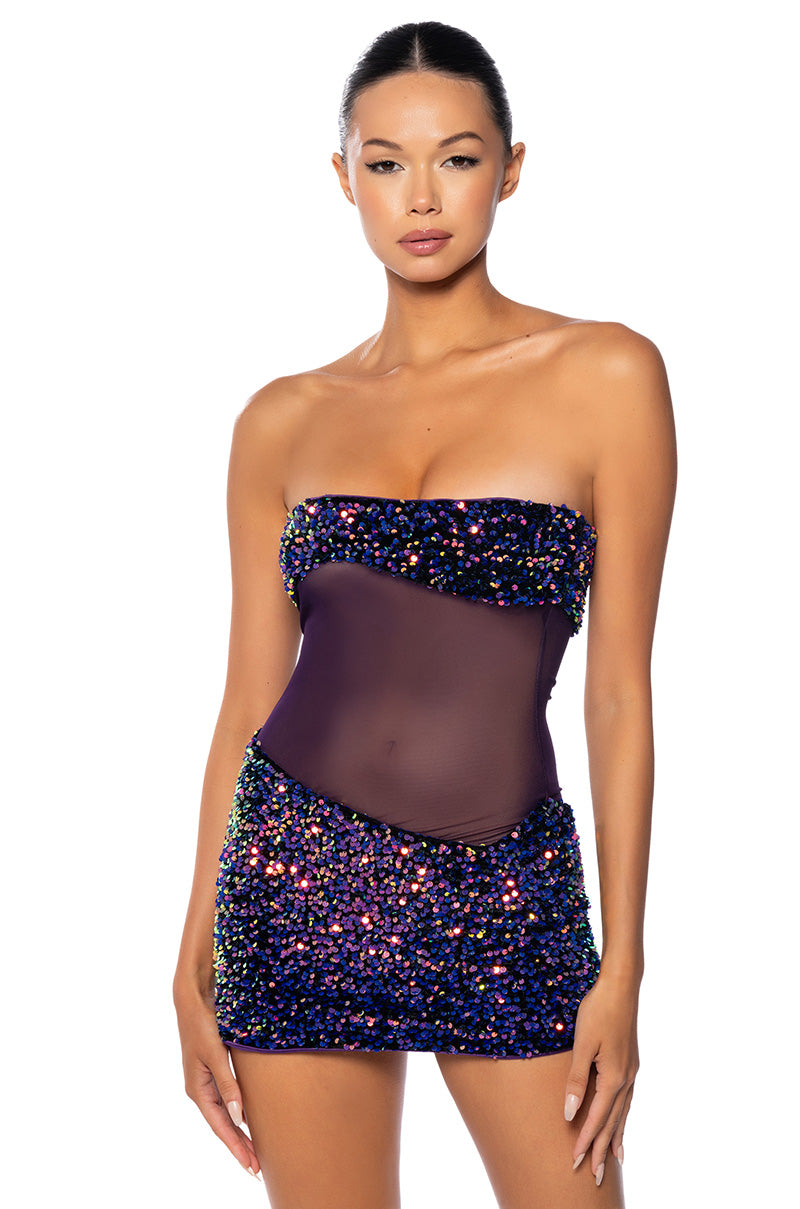 ENJOY THE VIEW MESH PANEL DRESS IN DARK PURPLE