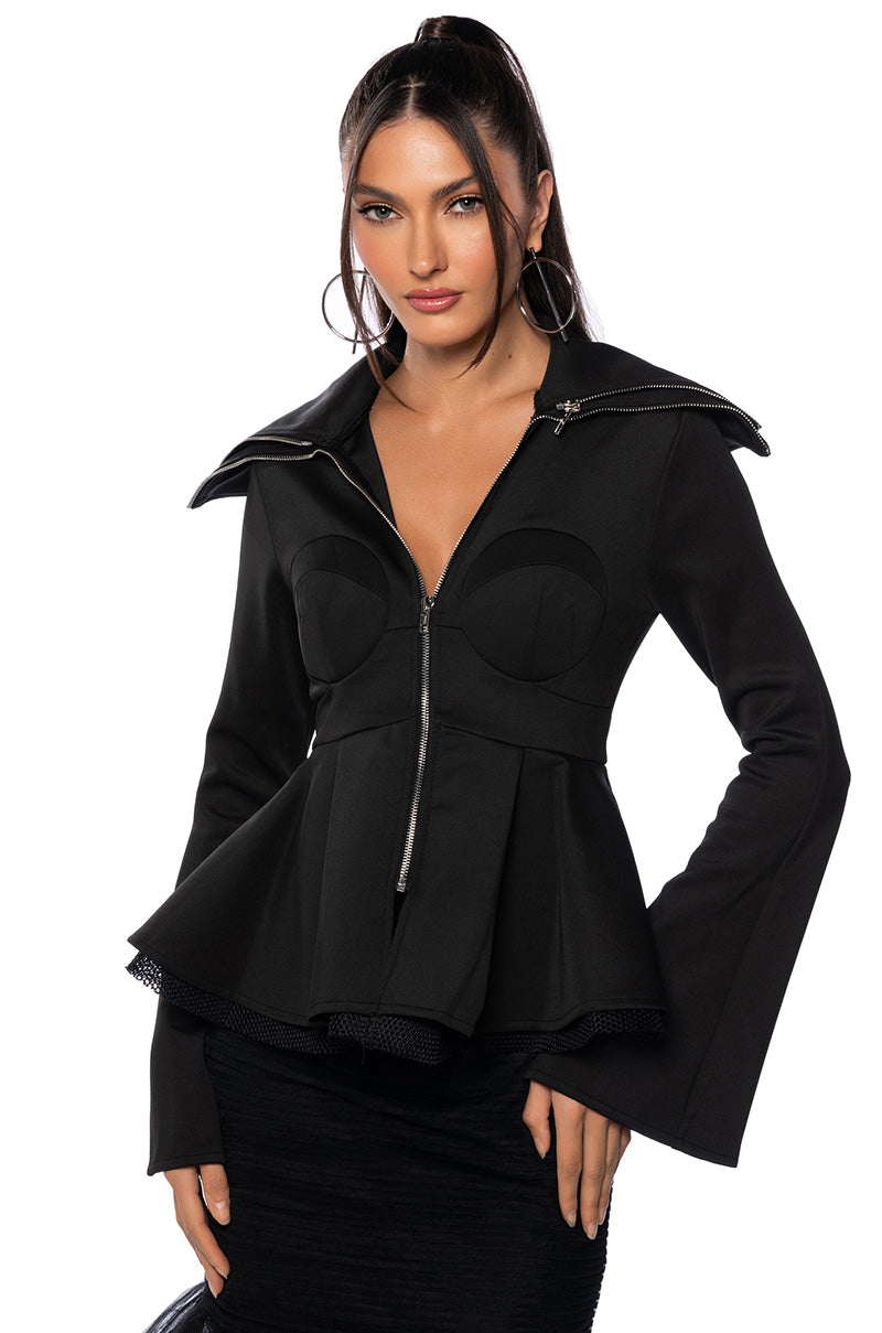 NATASHA DOUBLE COLLAR PEPLUM ZIP UP