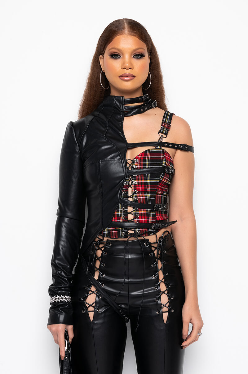 PRETTY RECKLESS FAUX LEATHER HALF THERE TOP IN BLACK