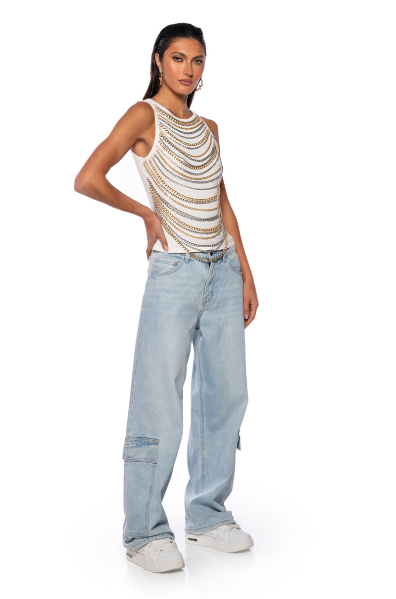 NIA CHAIN EMBELLISHED RIBBED TANK IN WHITE