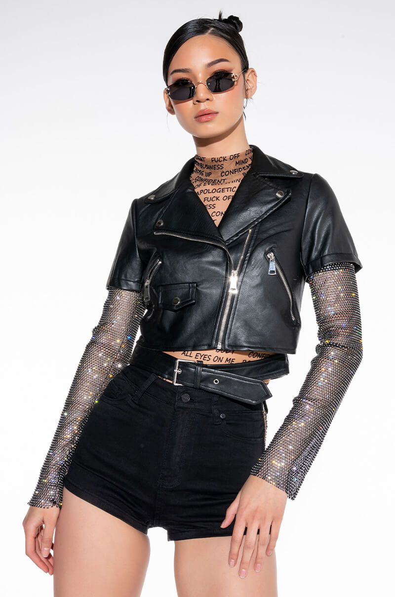 ACEROLA RHINESTONE BLING CROP MOTO JACKET