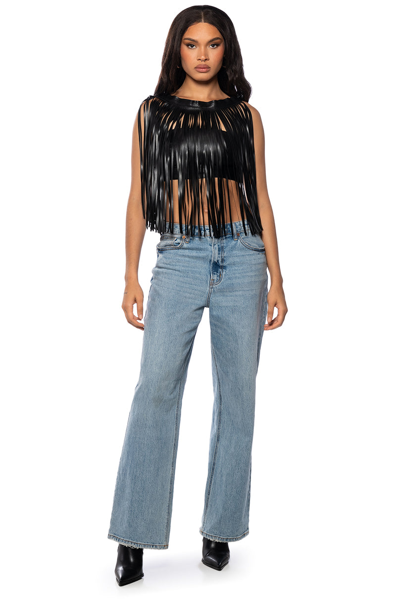 FREE MY MIND FAUX LEATHER FRINGE TOP