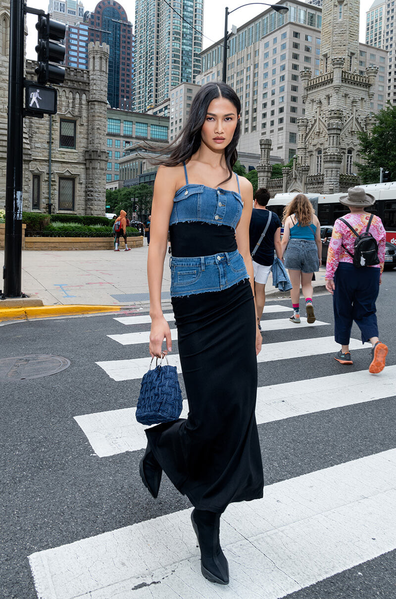 HOLLYWOOD DREAMS DENIM AND COTTON TUBE TOP