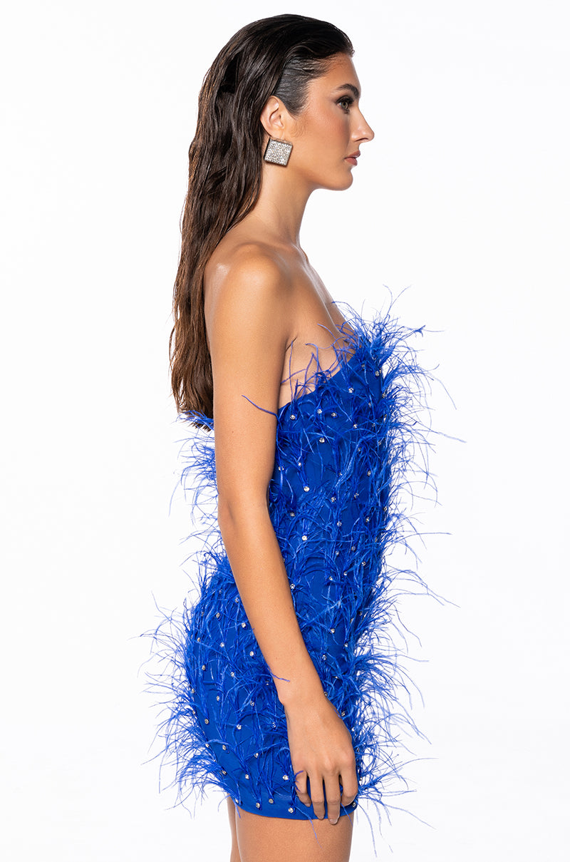 PRIMROSE STRAPLESS EMBELLISHED FEATHER MINI DRESS IN BLUE