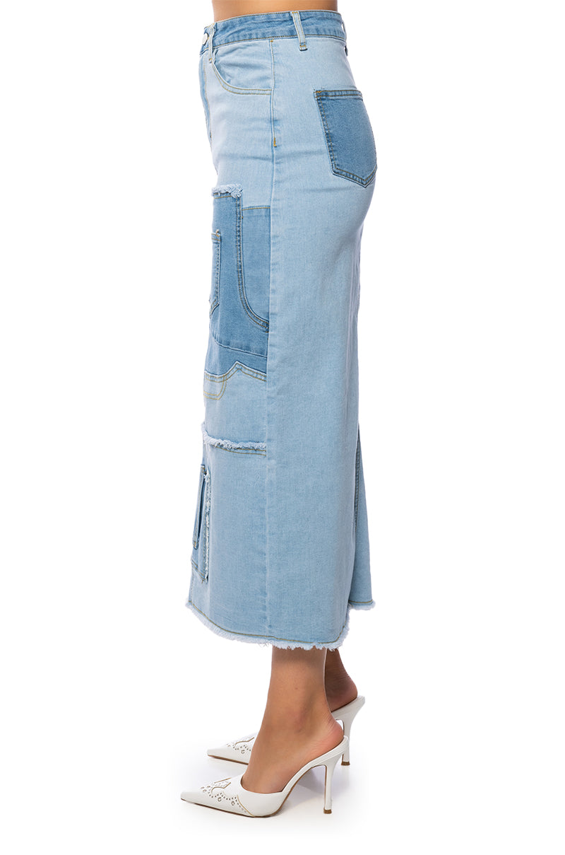 ANGEL PATCHWORK DENIM MAXI SKIRT