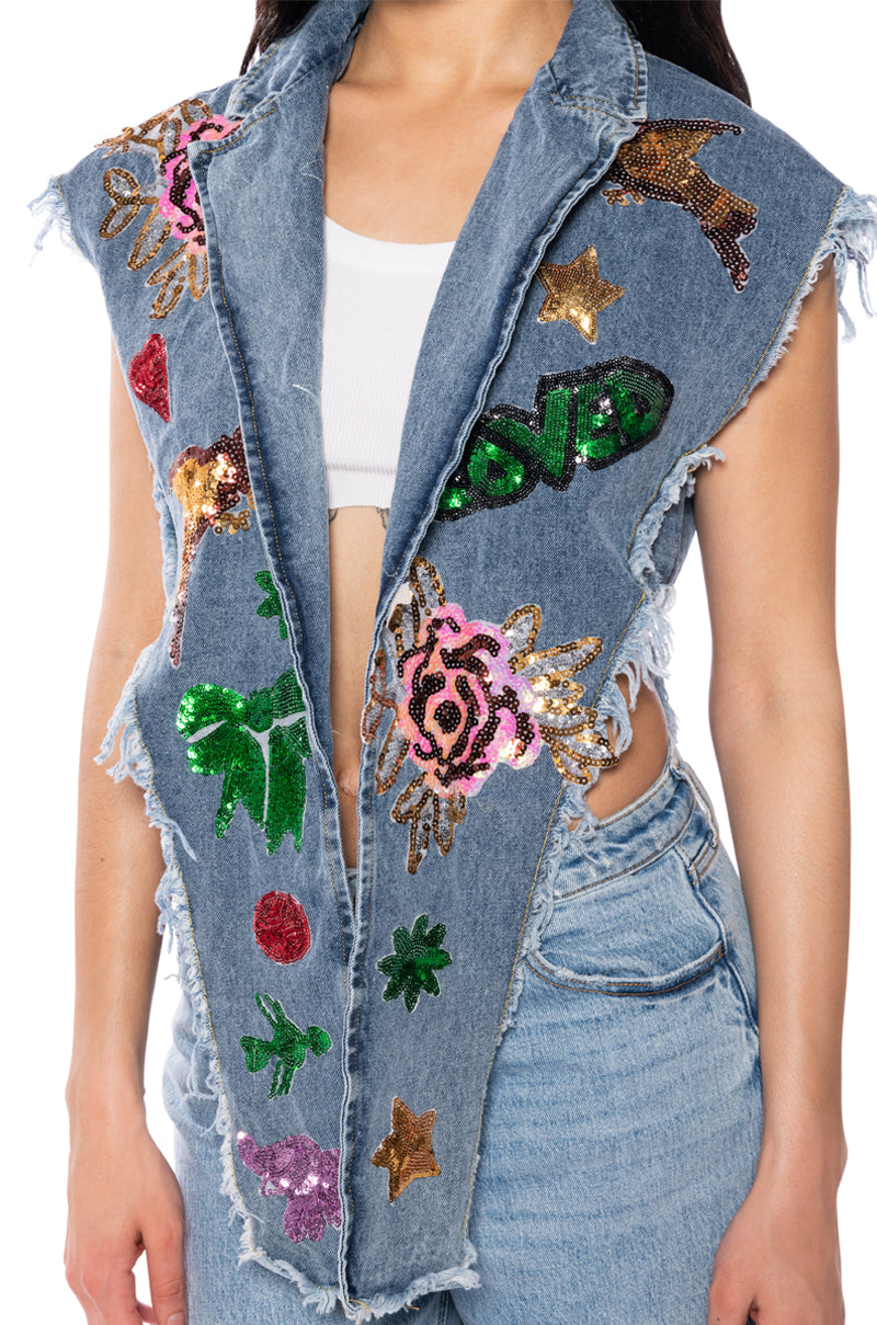 DENIM PATCHWORK SEQUIN VEST