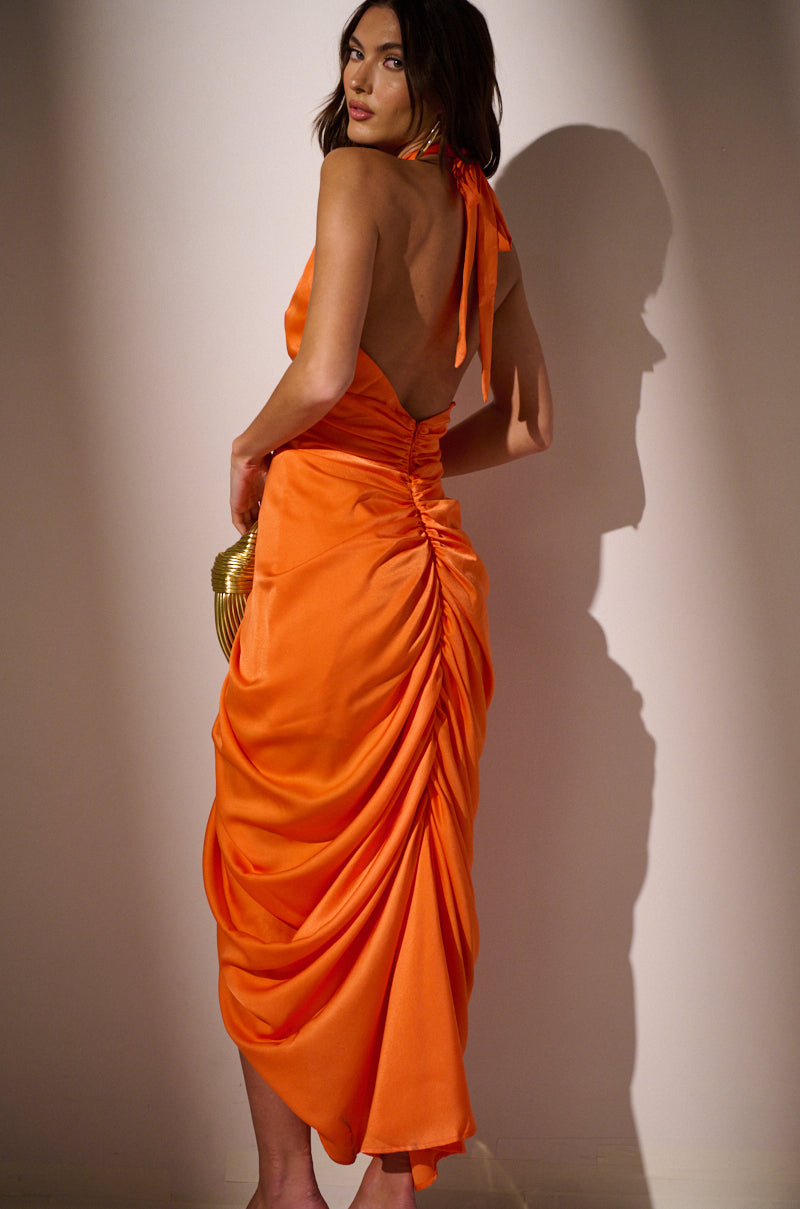 LOOK TWICE RUCHED MIDI DRESS IN ORANGE