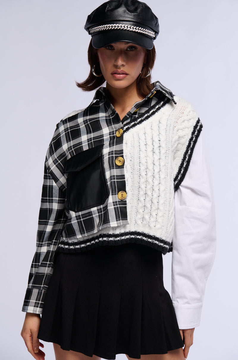 SWEATER WEATHER BUTTONED PATCHWORK PLAID TOP