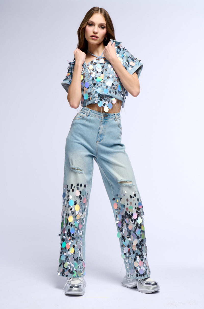 A GIRL NAMED LUCKY EMBELLISHED BUTTON DOWN DENIM CROP TOP