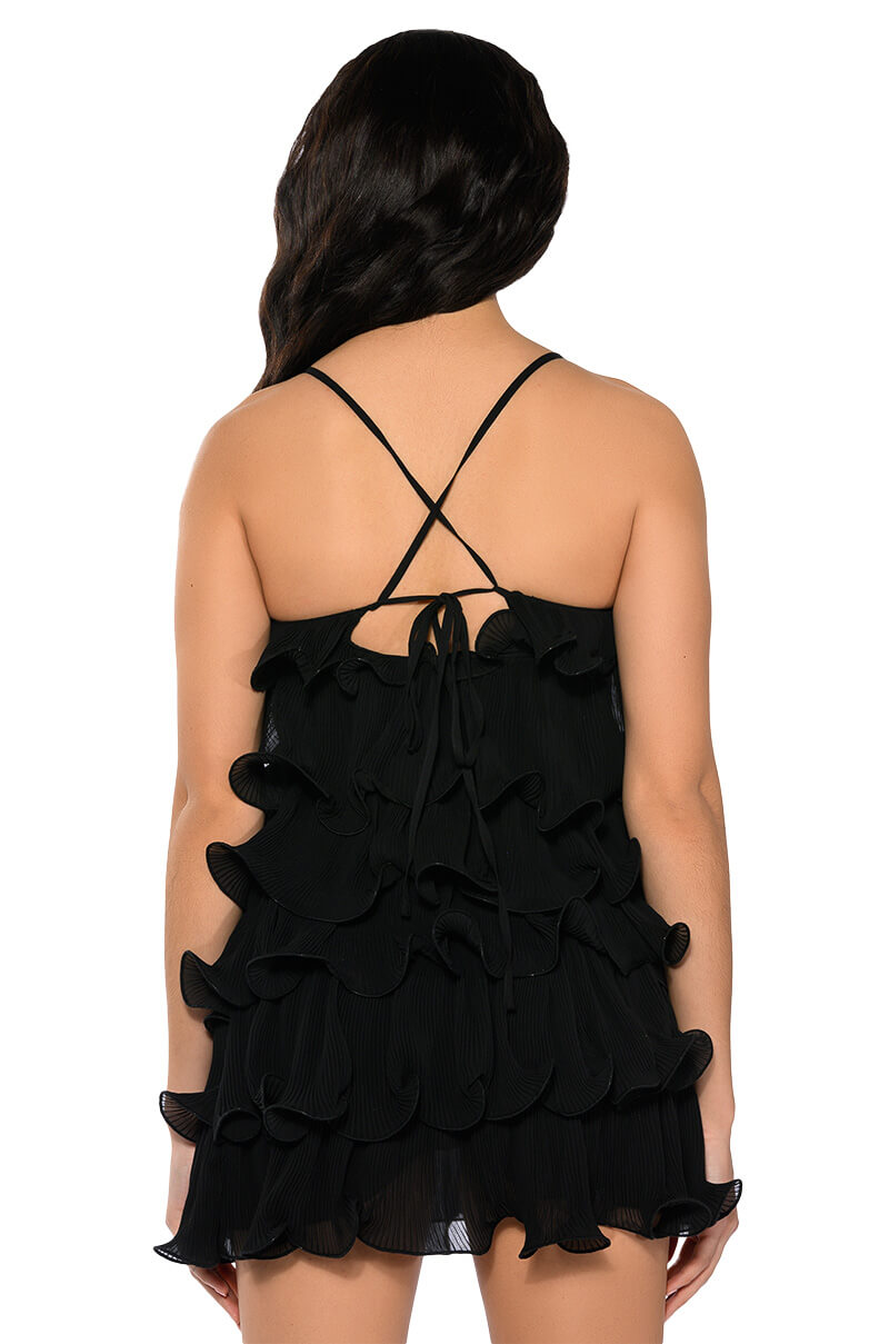 SWEETIE PLEATED RUFFLE SLEEVELESS MINI DRESS IN BLACK