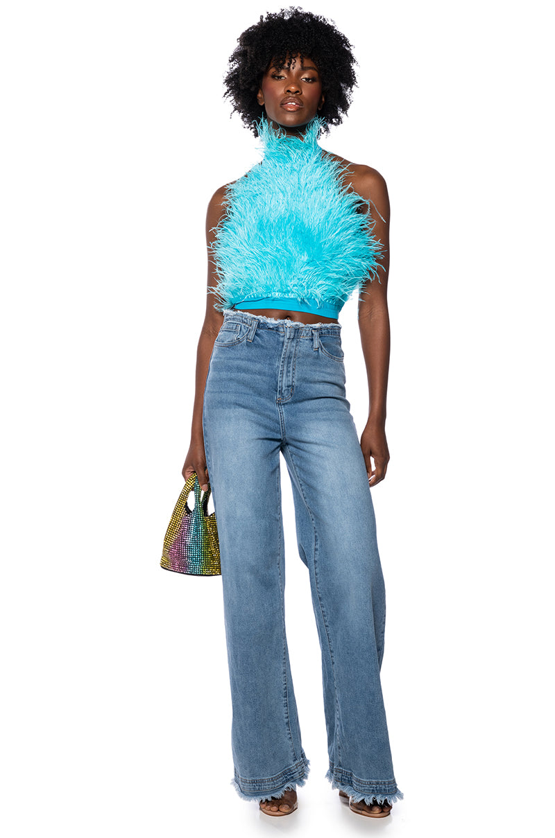 GENUINE OSTRICH FEATHER SLEEVELESS CROPPED HALTER BLOUSE IN BLUE