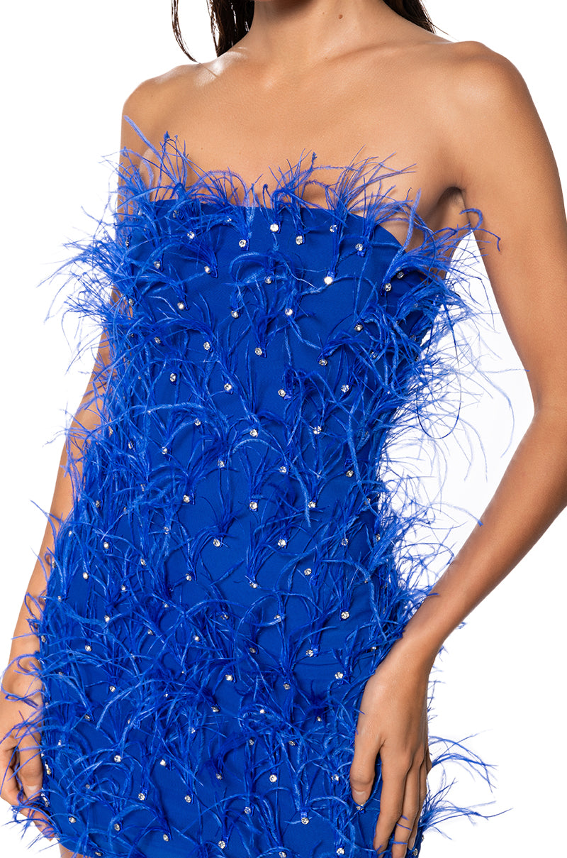 PRIMROSE STRAPLESS EMBELLISHED FEATHER MINI DRESS IN BLUE