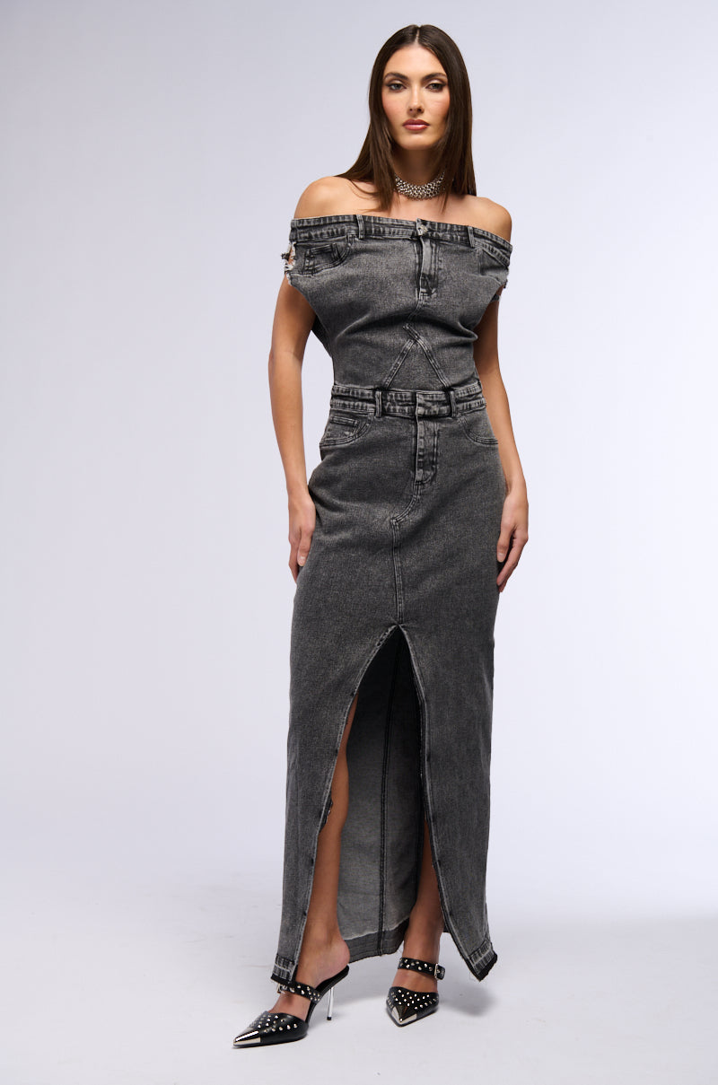 DERRIA OFF THE SHOULDER DENIM MAXI DRESS