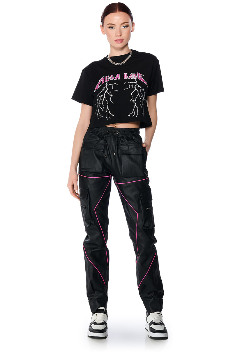 FAUX LEATHER JOGGER PANT WITH PINK PIPING