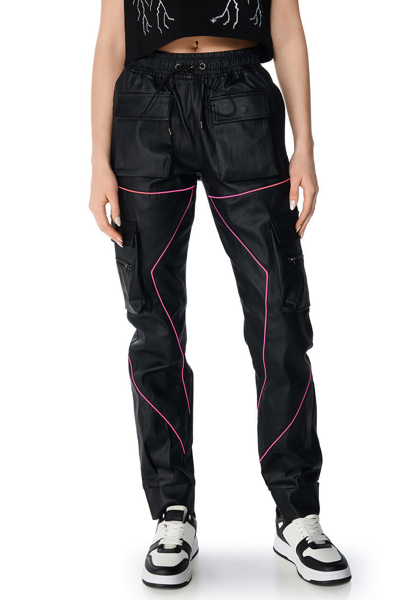 FAUX LEATHER JOGGER PANT WITH PINK PIPING