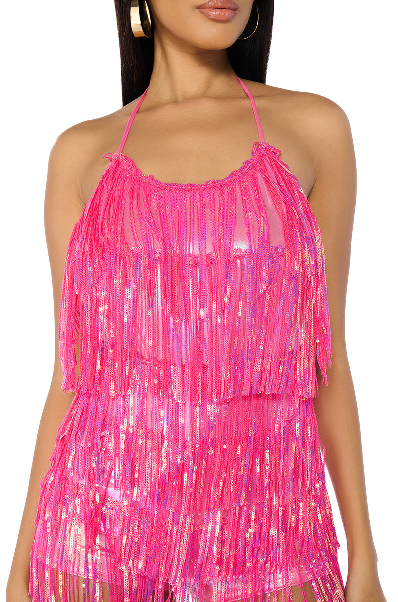 FLAPPER FRINGE ROMPER IN HOT PINK