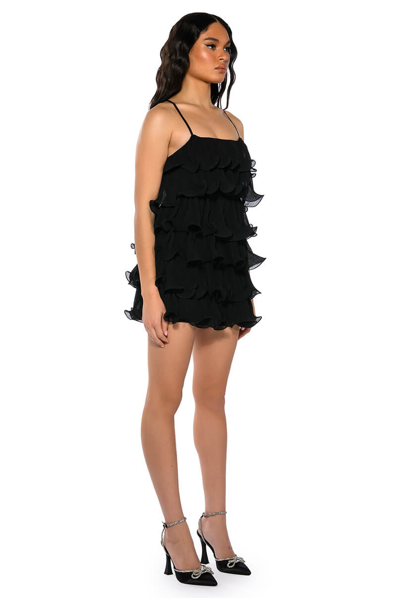 SWEETIE PLEATED RUFFLE SLEEVELESS MINI DRESS IN BLACK