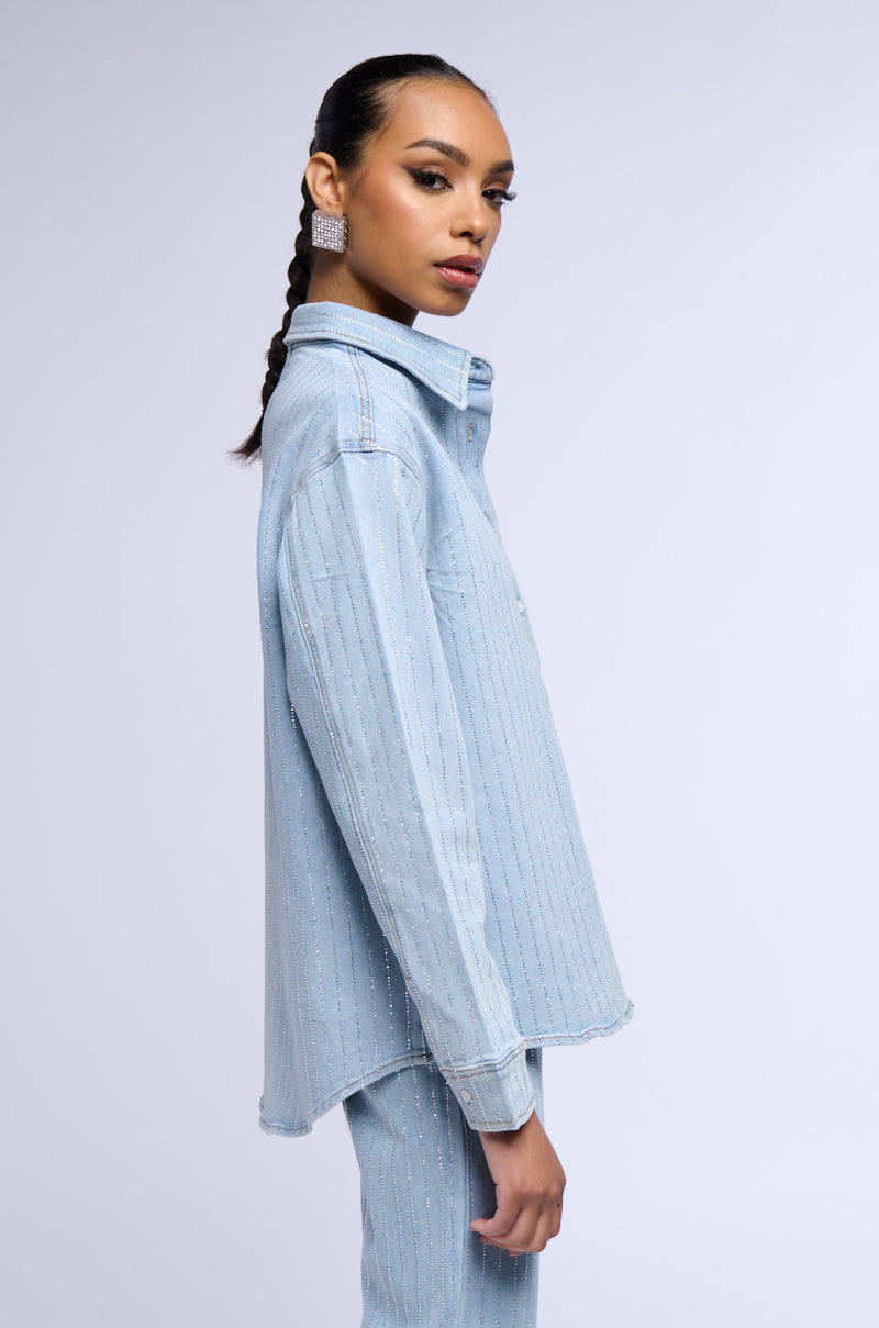 EFFORTLESS GLAM RHINESTONE STRIPE DENIM BUTTON DOWN