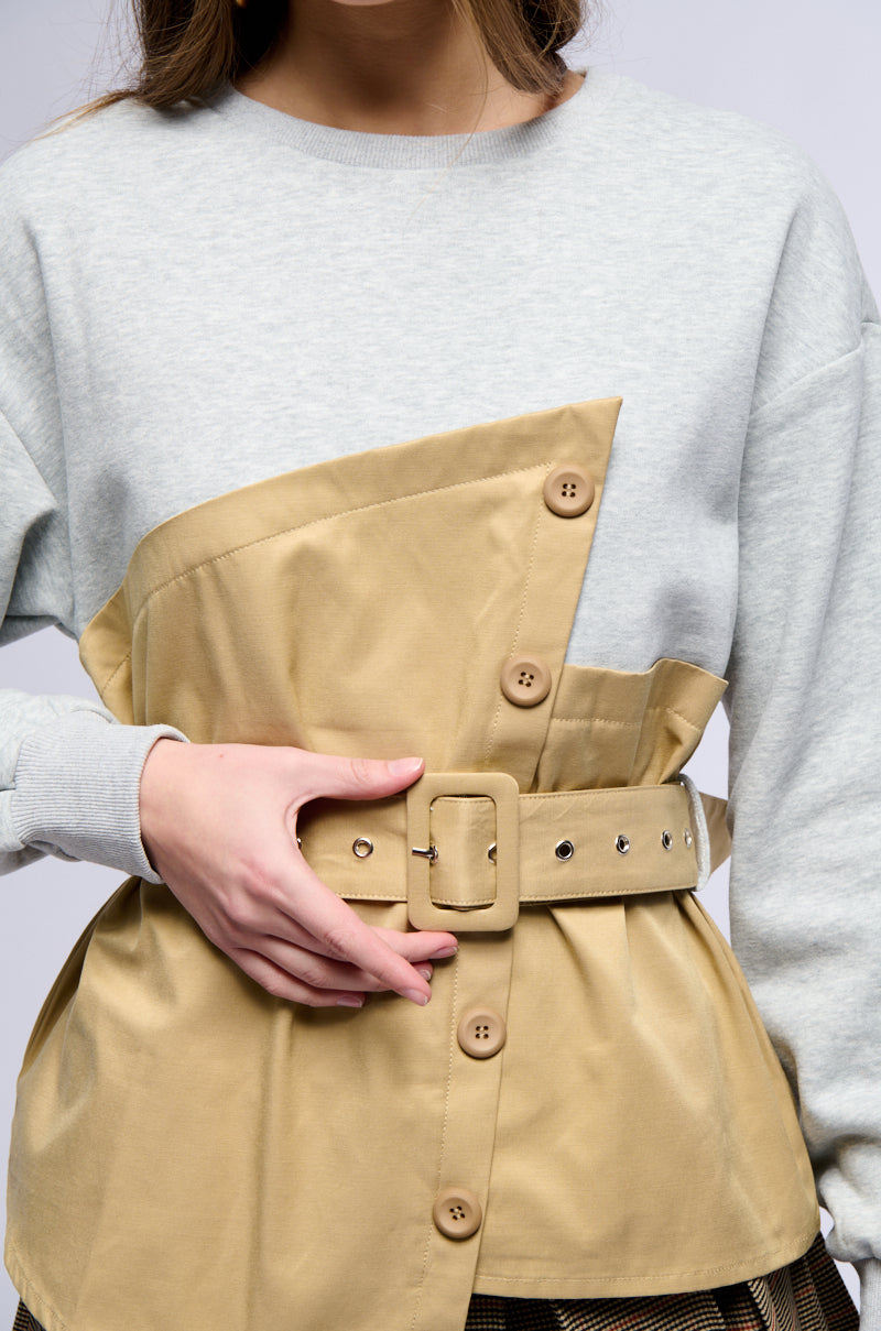 READY FOR ACTION BELTED MIXED MATERIAL SWEATSHIRT