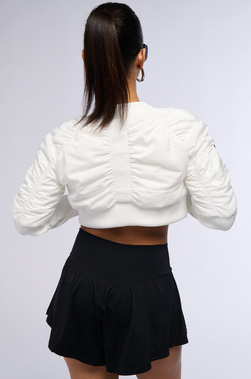 BABBS RIBBED SLEEVE BOMBER JACKET IN WHITE