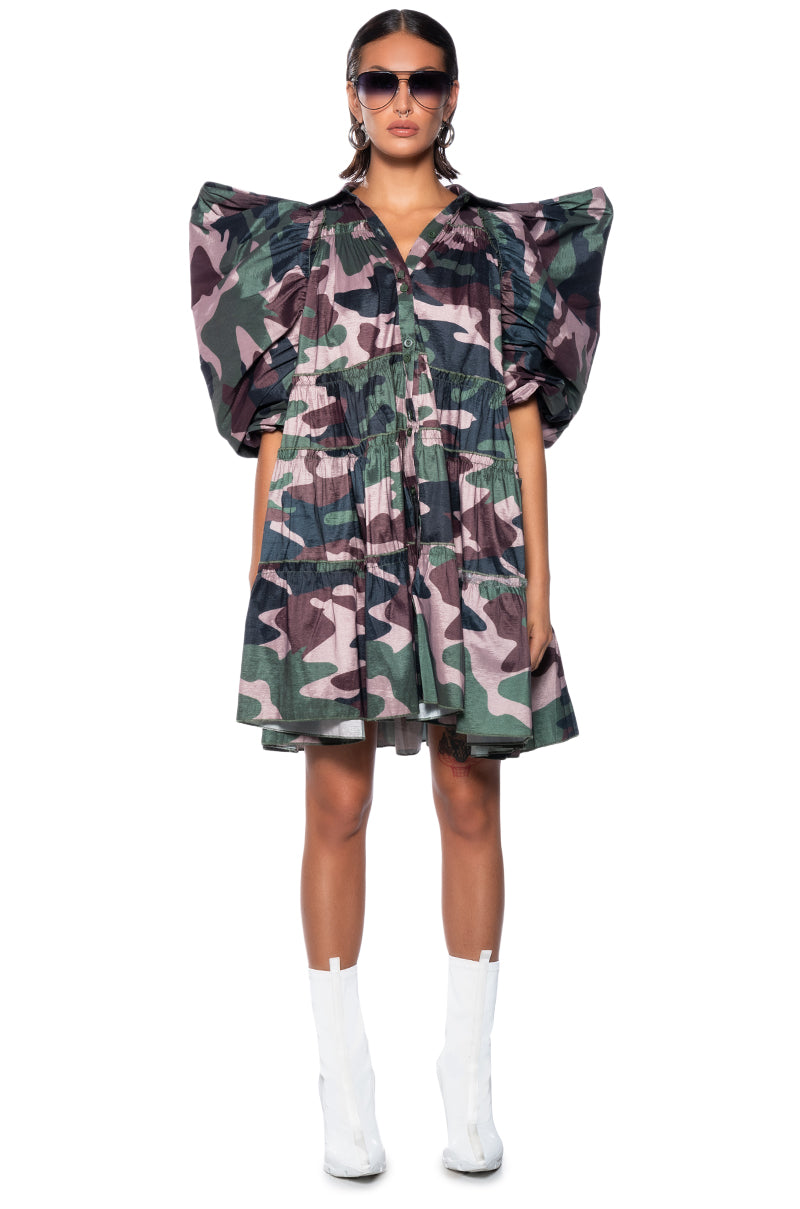 RUFFLE SLEEVE CAMO PRINT TRAPEZE MINI DRESS